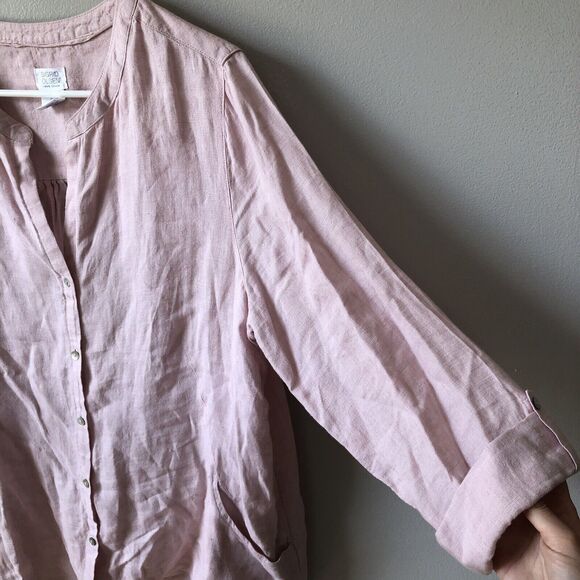Sigrid Olsen Shirt Womens L 100% Linen Popover Tunic Pink Convertible Roll Tab - Picture 2 of 10